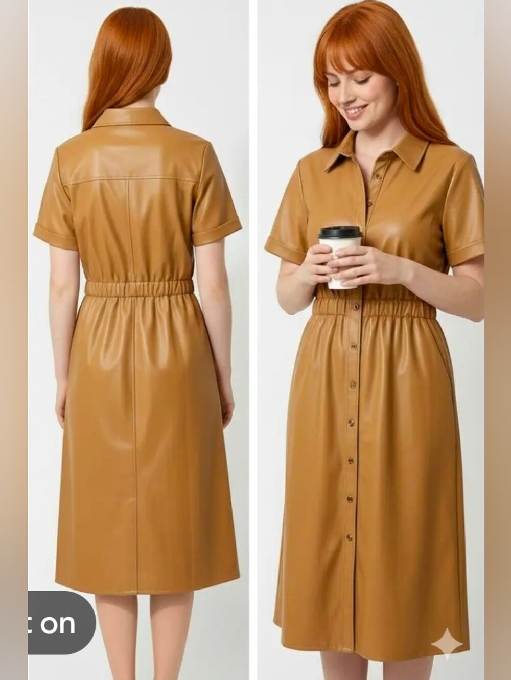 NWOT Who What Wear Faux Leather Button-Front Midi Dress in Tan Size Large